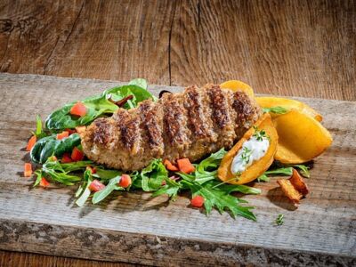 Beef Salisbury steak “hacienda-style”,