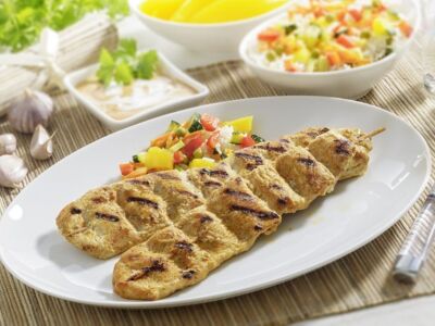 Tandoori turkey breast skewers, piquantly seasoned,