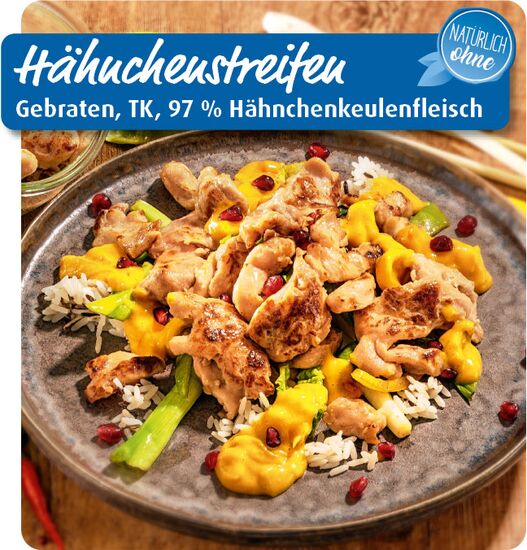 Hähnchenstreifen: Gebraten, TK, 97% Hähnchenkeulenfleisch